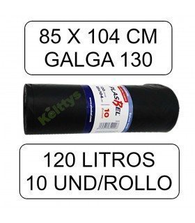 Bolsa de basura negra extra fuerte con capacidad para 120 litros. Medidas de 85 x 104 cm