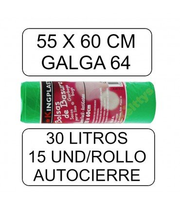 BOLSA DE BASURA CIERRA FACIL VERDE 30 LITROS (55cm x 60cm)